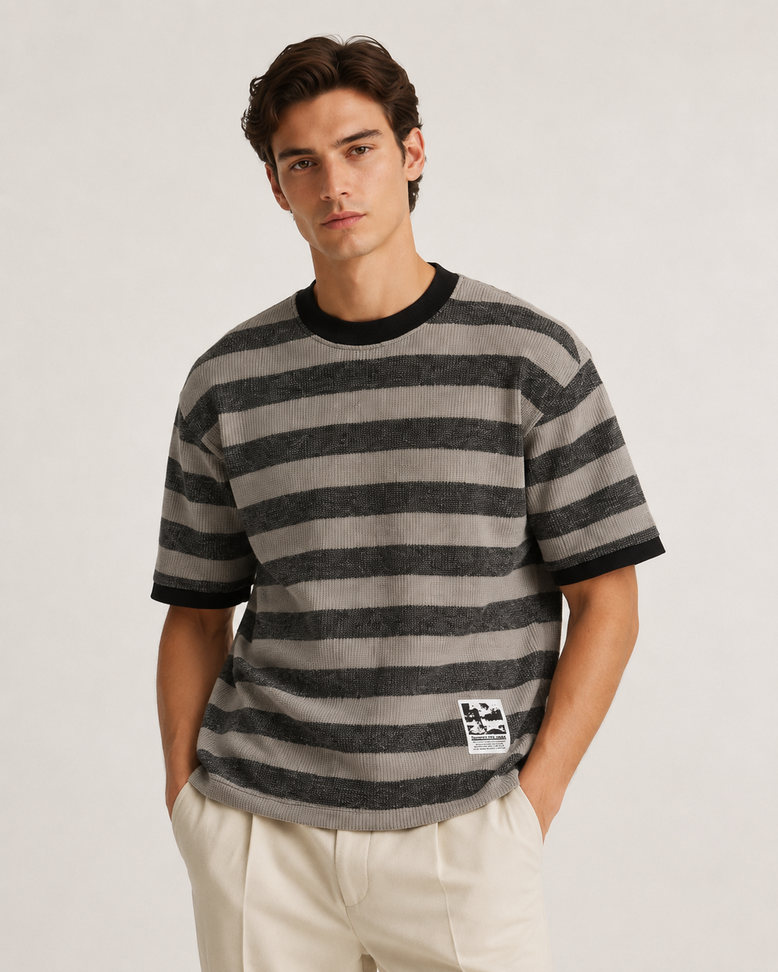 The WHITELINE Portofino Textured Stripe Tee – Stone Grey