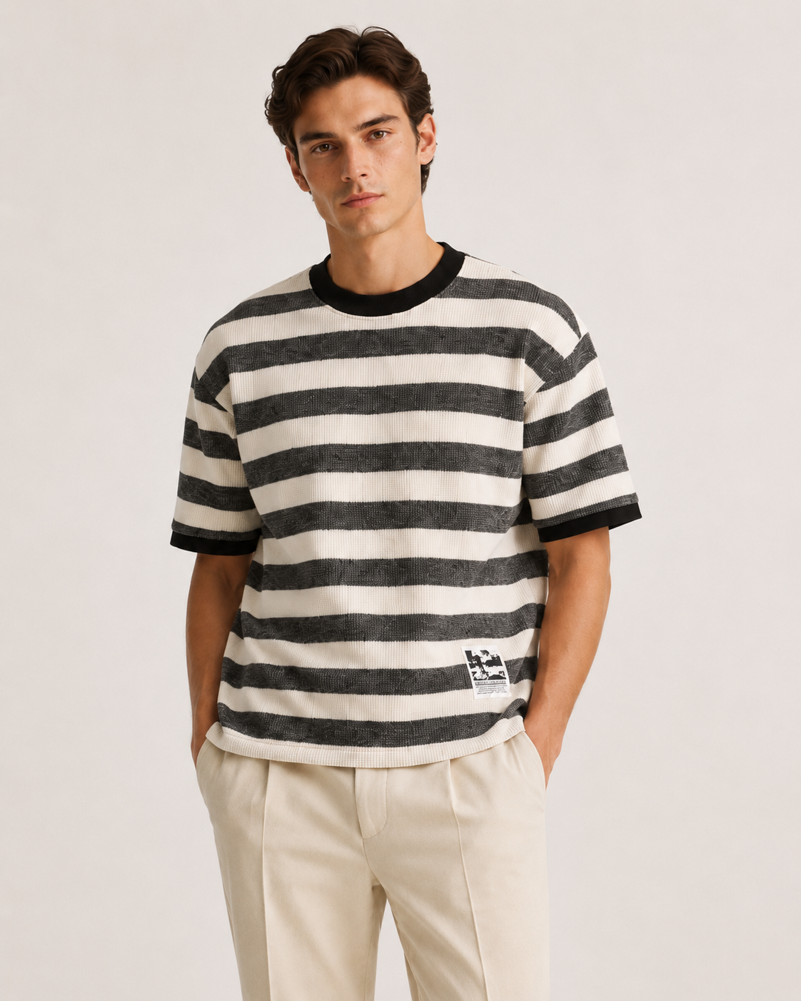 The Portofino Textured Stripe Tee – Ivory Charcoal