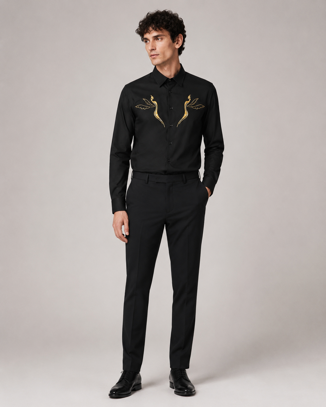 Golden Crane Embroidered Shirt - Midnight black