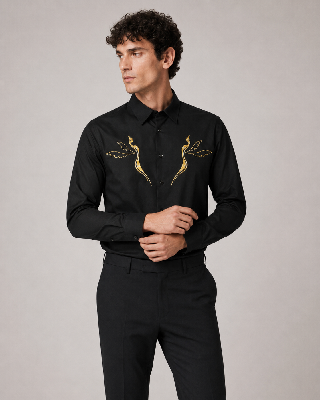 Golden Crane Embroidered Shirt - Midnight black