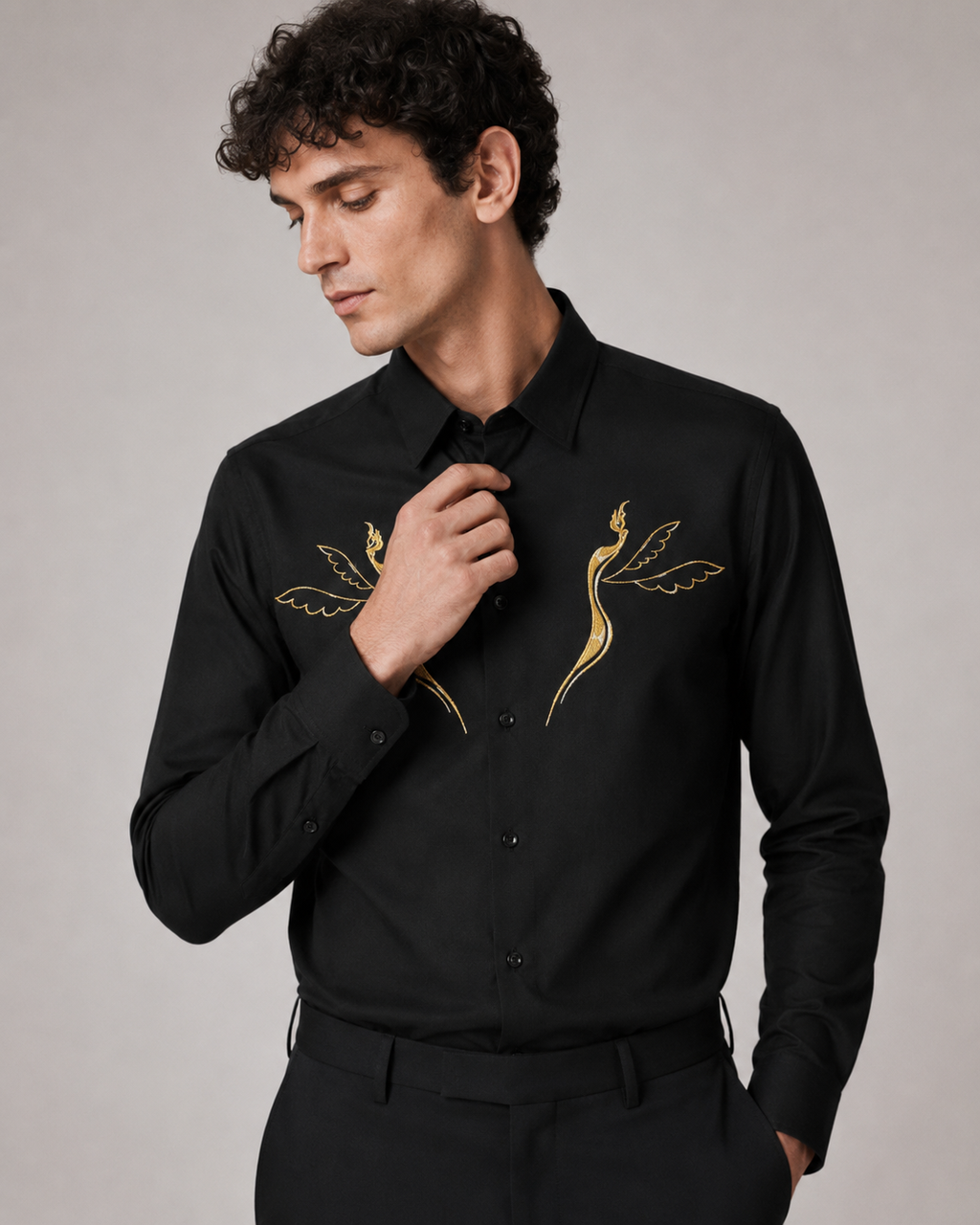 Golden Crane Embroidered Shirt - Midnight black