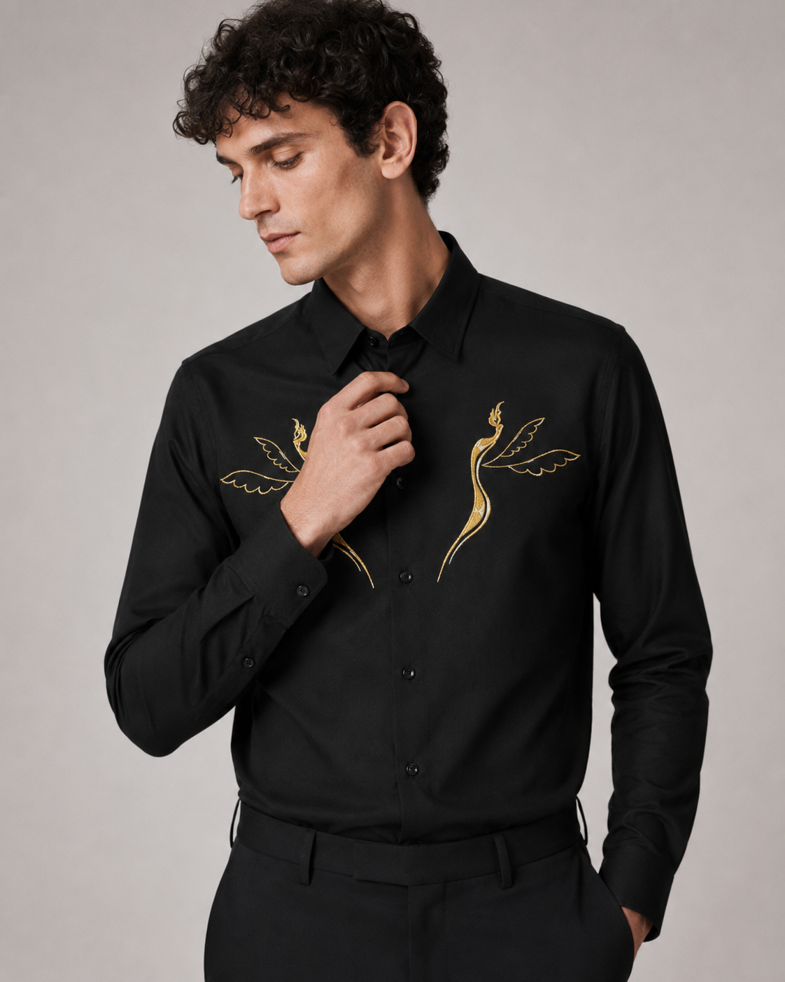 Golden Crane Embroidered Shirt - Midnight black