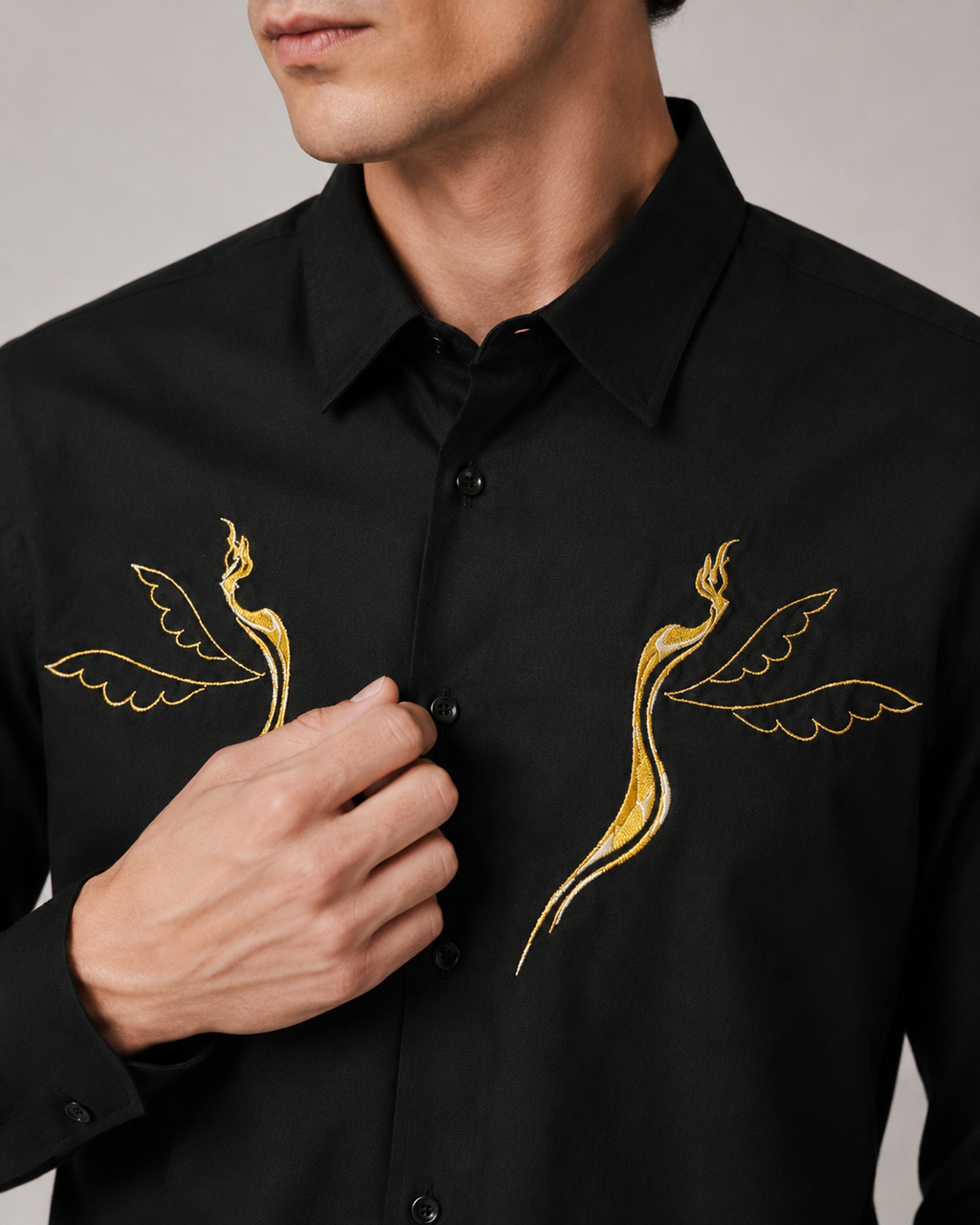 Golden Crane Embroidered Shirt - Midnight black