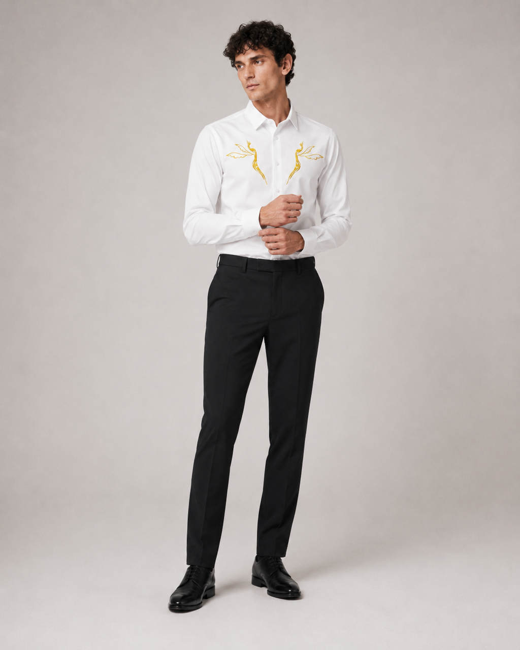 Golden Crane Embroidered Shirt - Ivory White