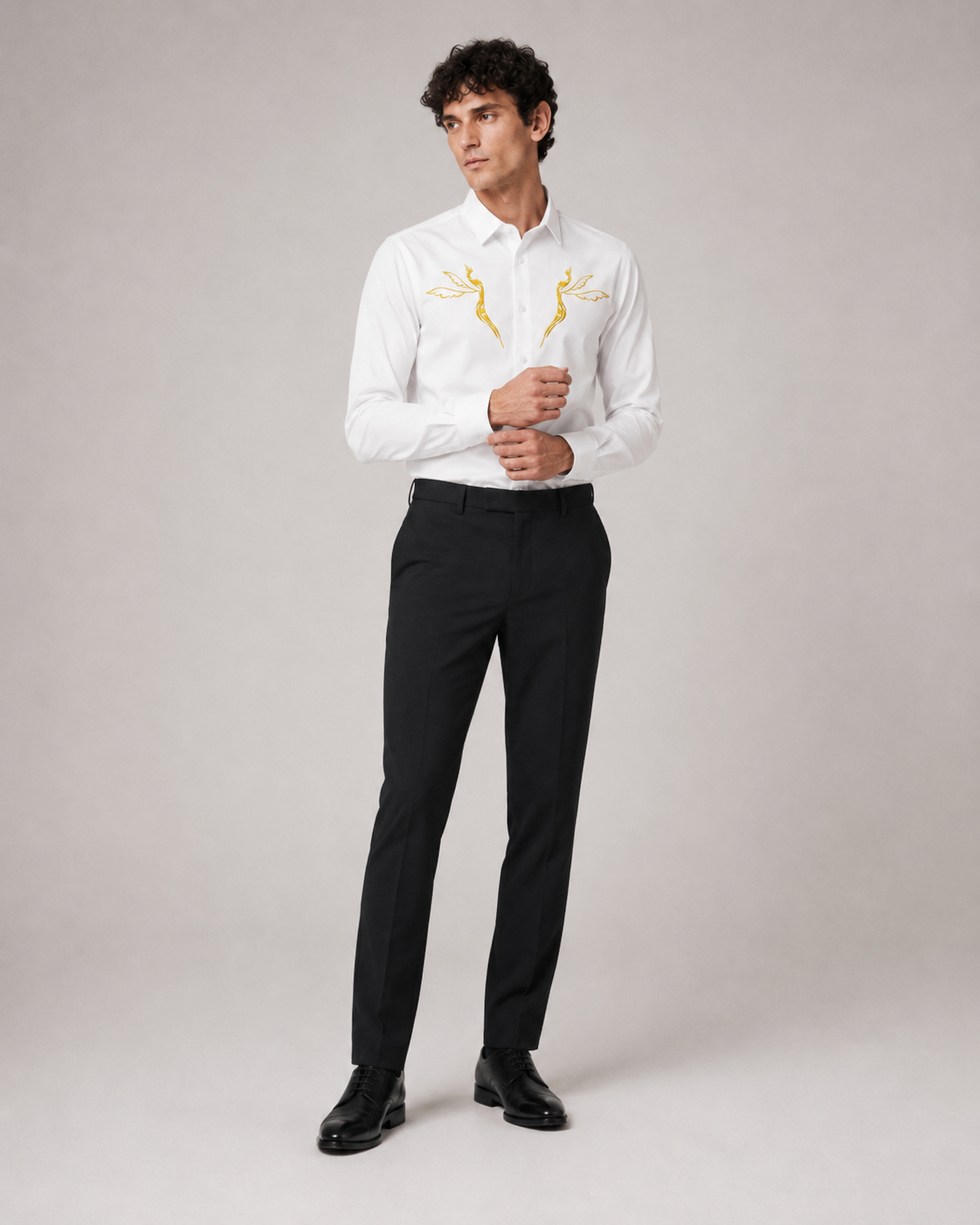 Golden Crane Embroidered Shirt - Ivory White