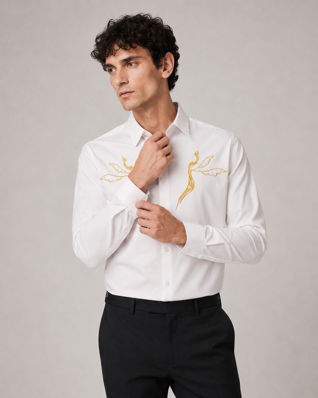 Golden Crane Embroidered Shirt - Ivory White
