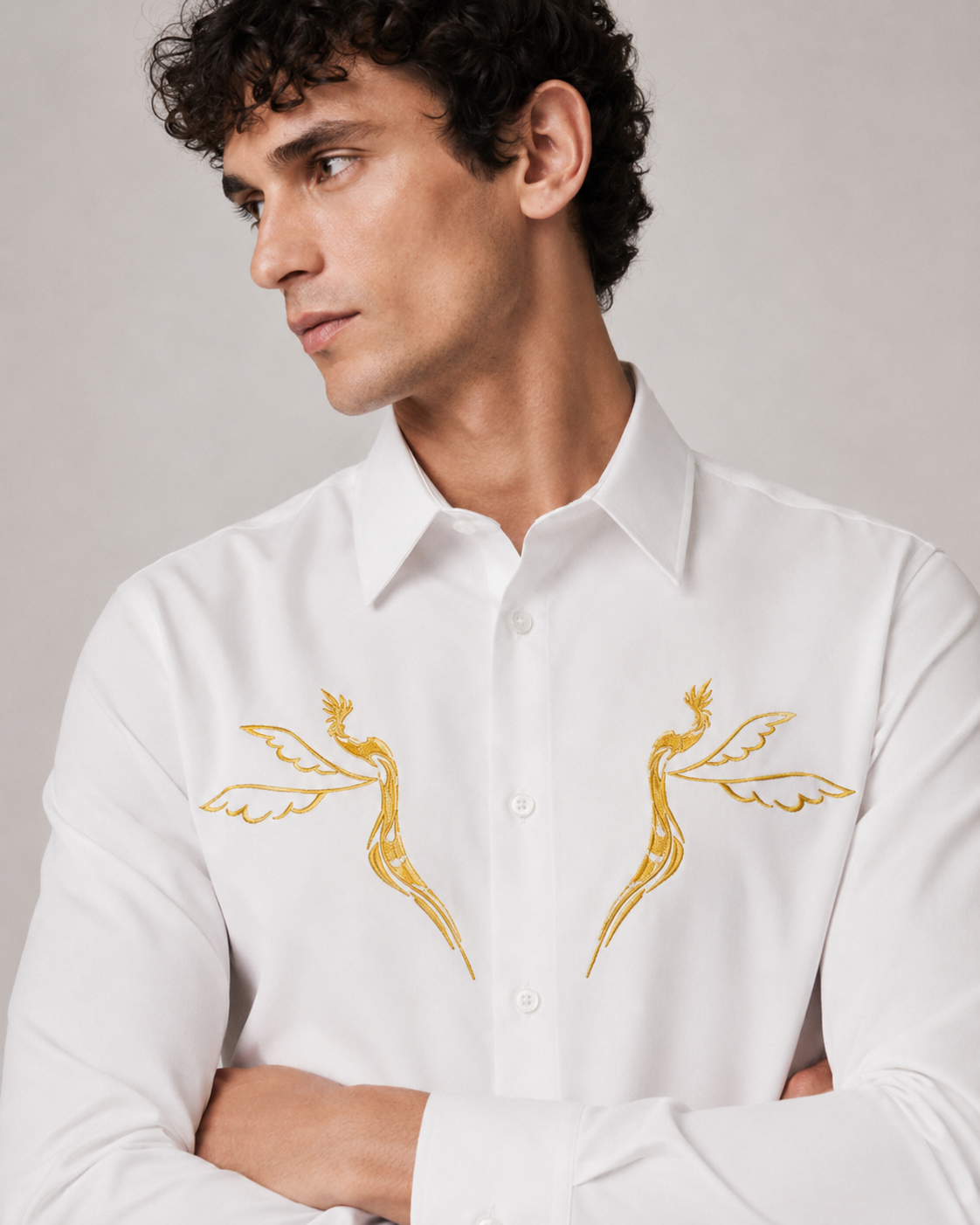 Golden Crane Embroidered Shirt - Ivory White