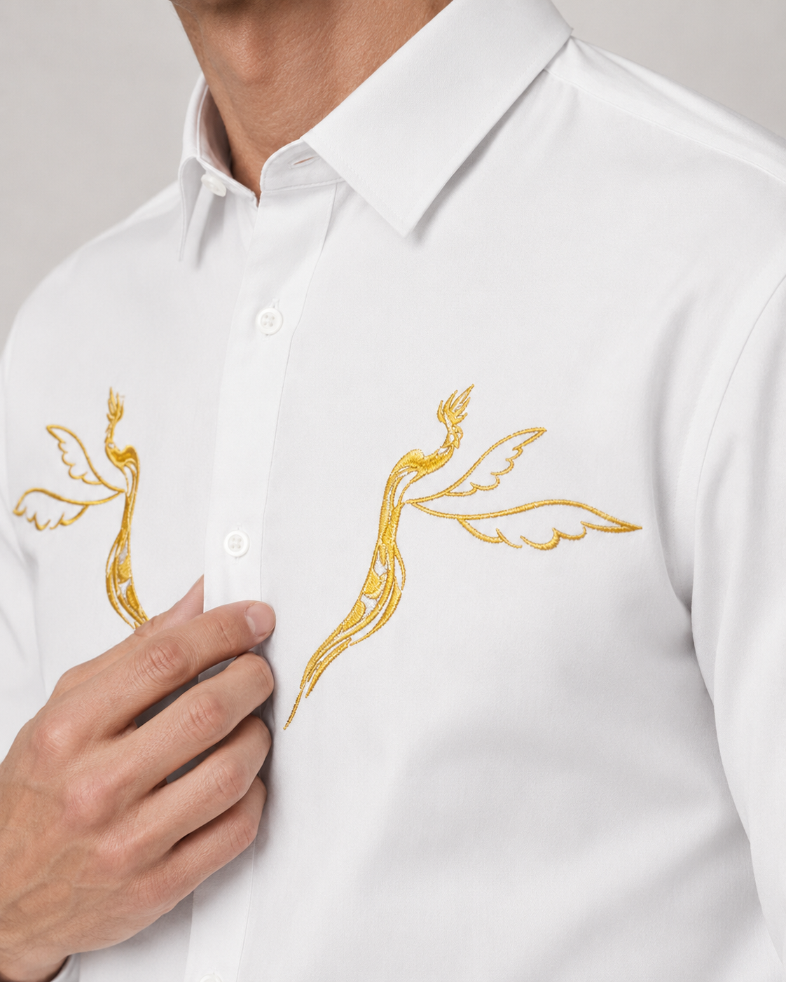 Golden Crane Embroidered Shirt - Ivory White