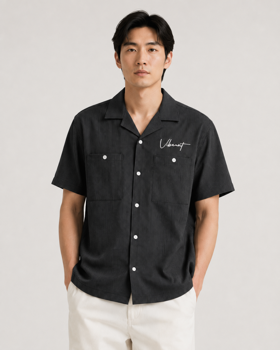 Vibrant Twin-Pocket Open-Collar Shirt – Black