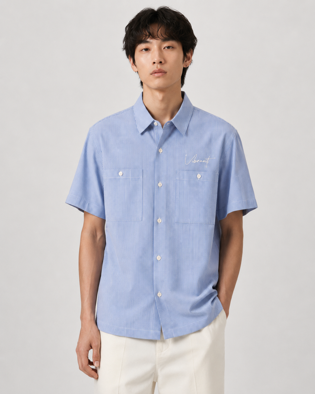 Vibrant Twin-Pocket Striped Shirt – Sky Blue
