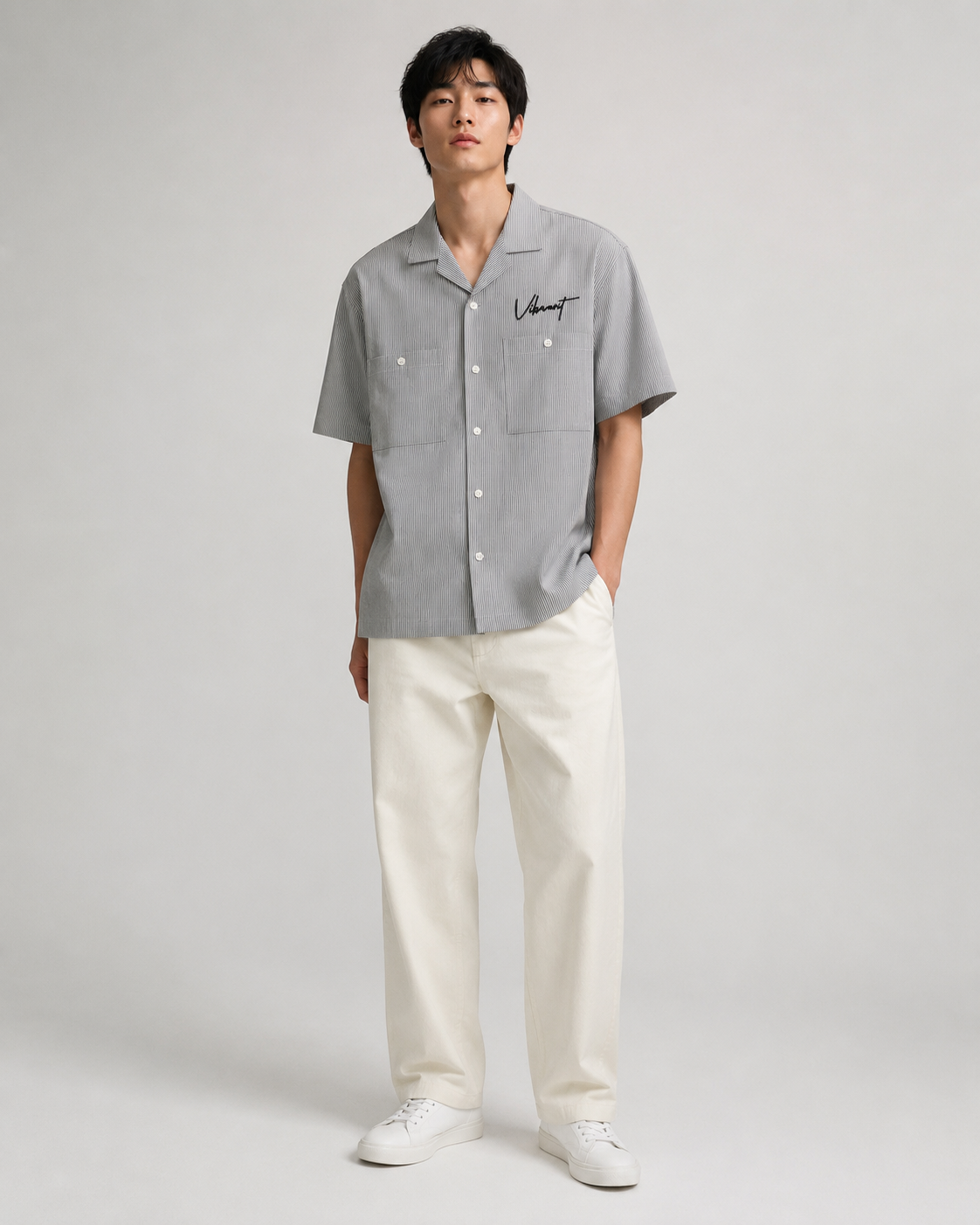 Vibrant Twin-Pocket Striped Shirt – Grey