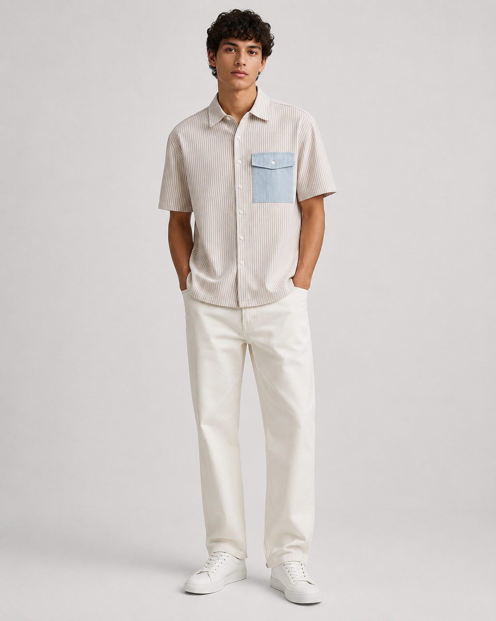 Prison of Choice Contrast Pocket Striped Shirt – Beige
