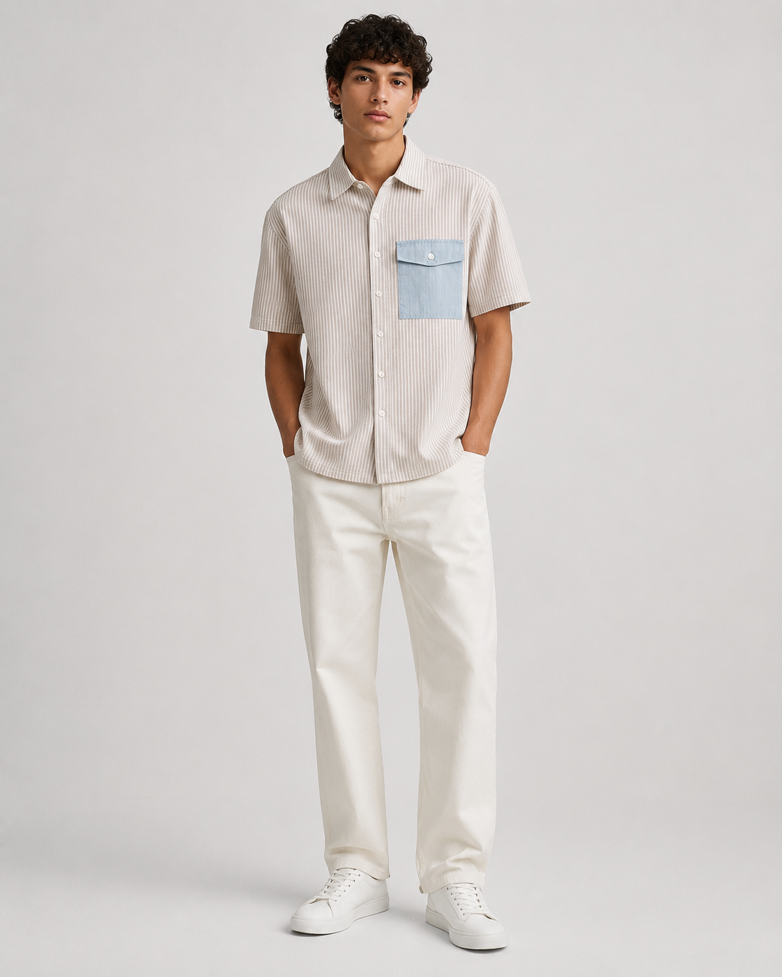 Prison of Choice Contrast Pocket Striped Shirt – Beige