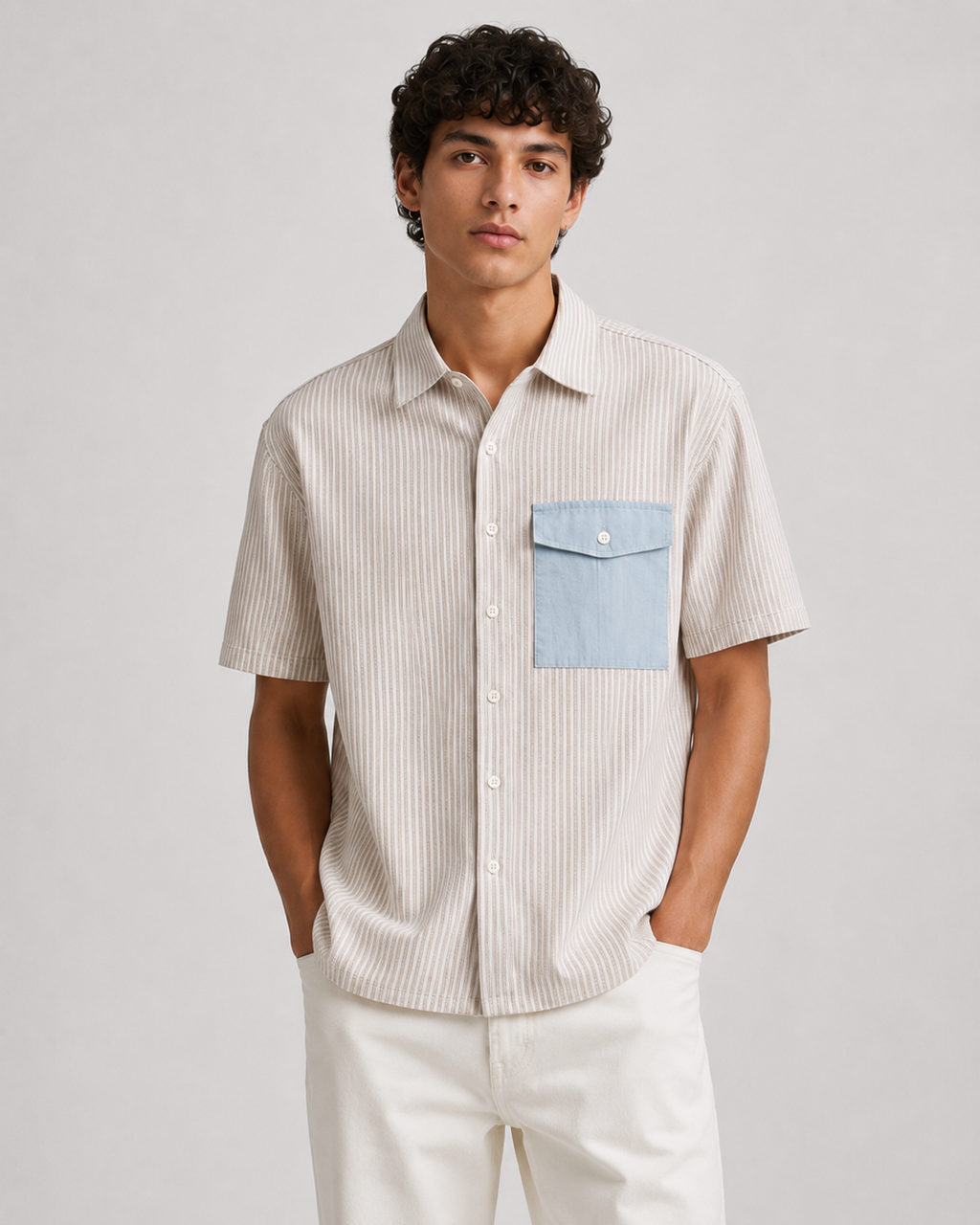 Prison of Choice Contrast Pocket Striped Shirt – Beige