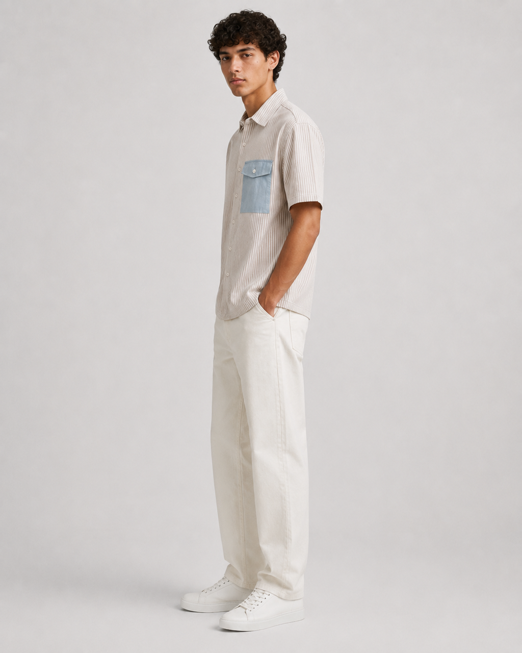 Prison of Choice Contrast Pocket Striped Shirt – Beige