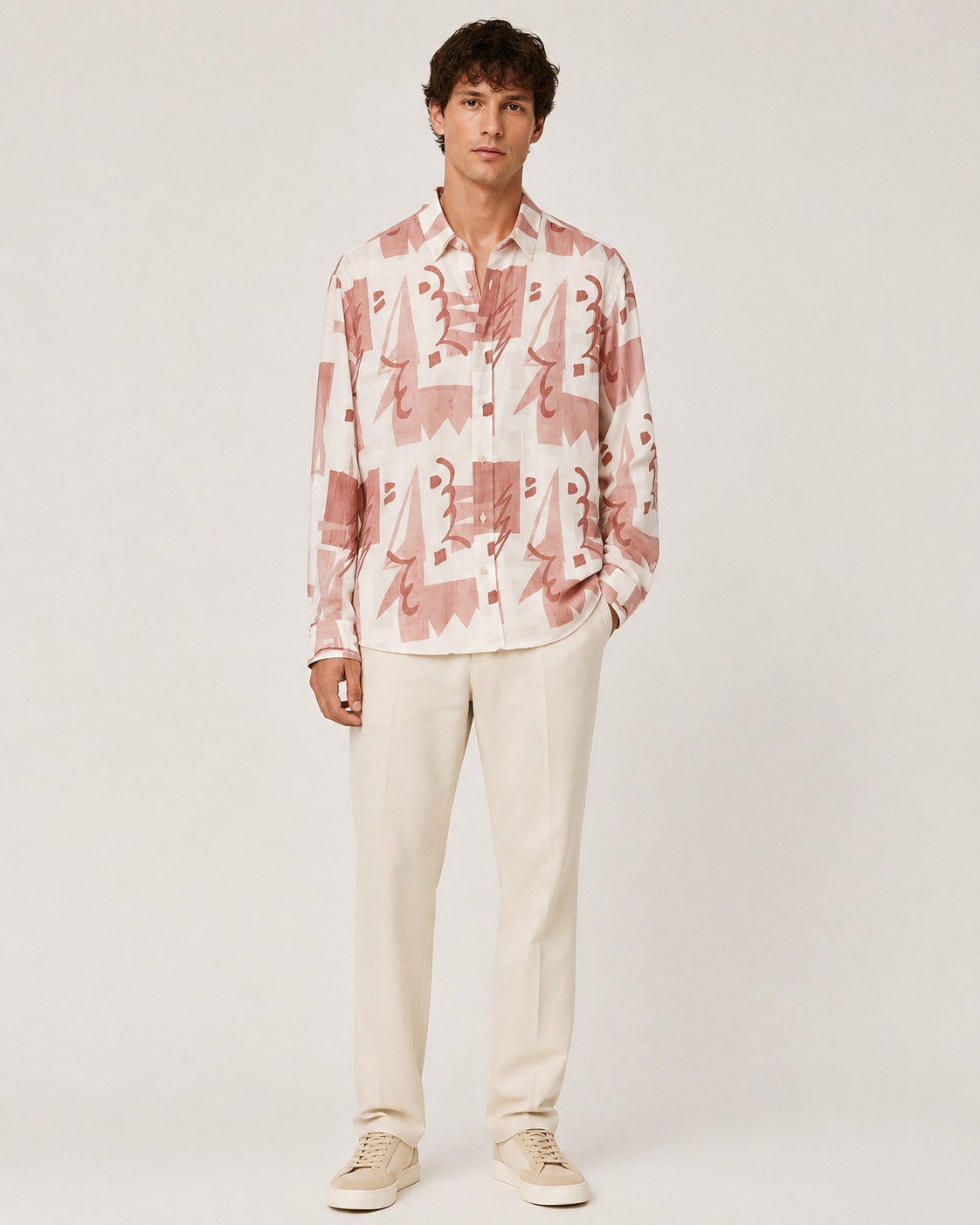 Abstract Art Print Long-Sleeve Shirt – White &amp; Dusty Rose