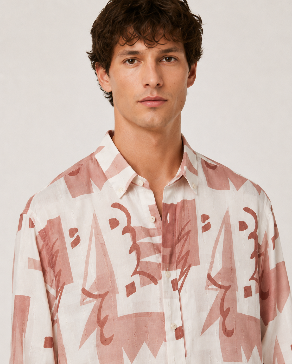 Abstract Art Print Long-Sleeve Shirt – White &amp; Dusty Rose