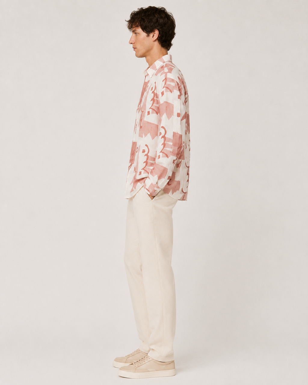 Abstract Art Print Long-Sleeve Shirt – White &amp; Dusty Rose