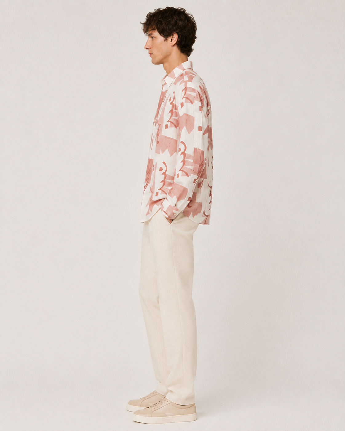 Abstract Art Print Long-Sleeve Shirt – White &amp; Dusty Rose